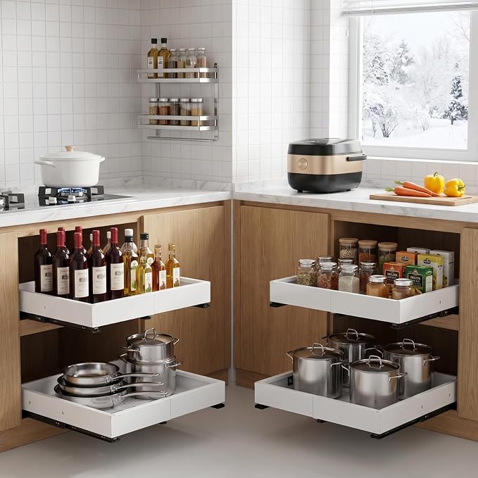 DOMNIU 2 Pack Pull Out Cabinet Organizers Width(12"-19"), Depth(17"-23") | Slide Out Drawers, Upgrade 3 Slide Rails Sliding Drawer for Kitchen Cabinet Organizer, White