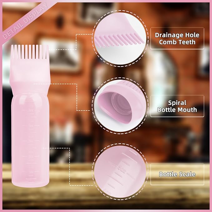 Root Comb Applicator Bottle 6 Ounce, 4 Pack Hair Oil Applicator with Root Comb Brush for Scalp Hair Oiling - Pink