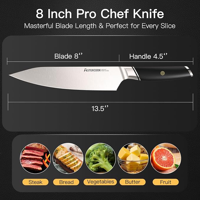 Astercook Chef Knife, 8 Inch Professional Kitchen Chef Knife, German High Carbon Stainless Steel Ultra Sharp Knife, Chefs Knives with Ergonomic Handle and Gift Box (ABS Handle), Mothers Day Gifts