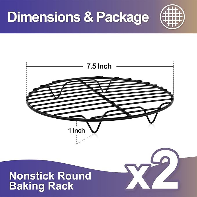 P&P CHEF 7.5 Inch Cooking Rack Round for Steaming Cooling, Black, 2 Pack | Stainless Steel Round Wire Rack for Baking Grilling, Roasting, Fits Air Fryer, Steamer Pot, Oven & Dishwasher Safe