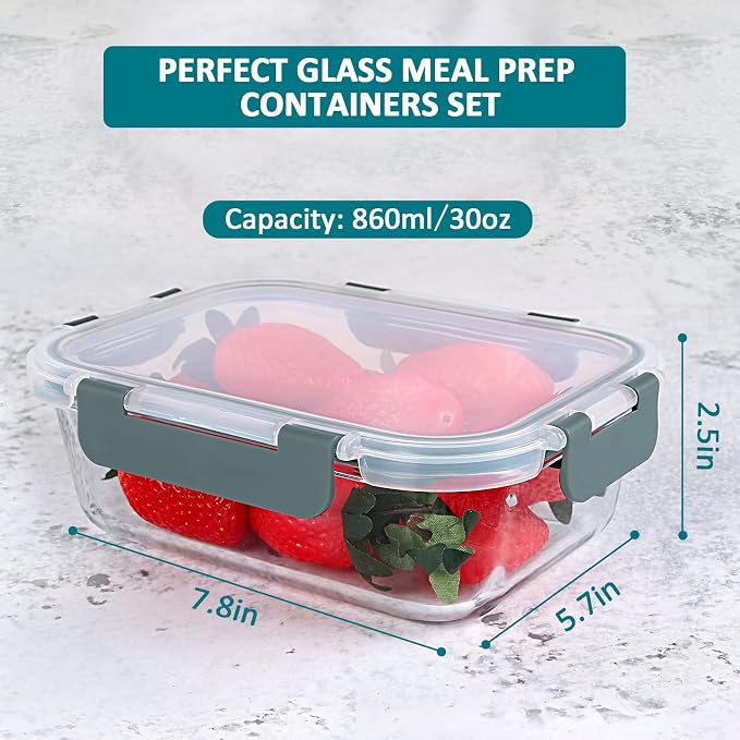 M MCIRCO 5 Pack,30 oz Glass Food Storage Containers with Lids, Gray | Glass Meal Prep Containers,Airtight Lunch Containers with Lids, Microwave, Oven, Freezer and Dishwasher Friendly, BPA Free