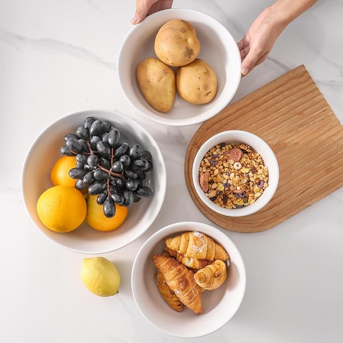 HASENSE Ceramic Serving Bowls Set of 4, 2.1/1.5/1.0/0.5 Qt White & Terracotta Stoneware Mixing Bowls, Farmhouse Bowls for Cooking, Prepping, Salad & Soup, Dishwasher & Microwave Safe, Serving Dishes