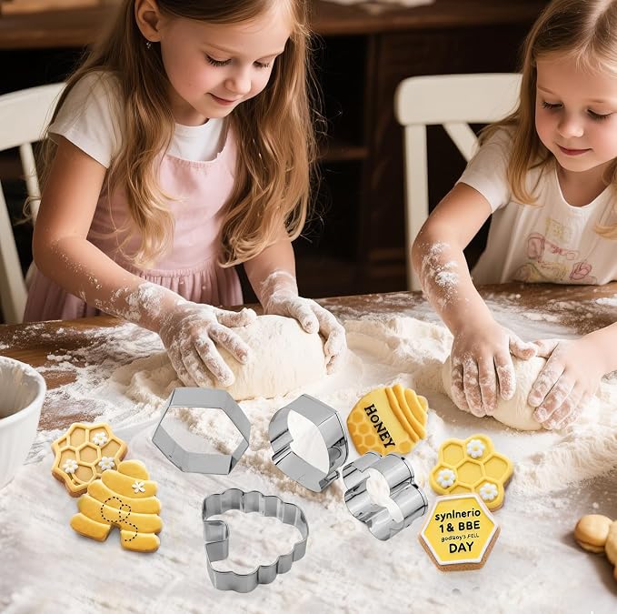 6Pack Bee Cookie Cutters Set, Beehive,Honey Jar,Winnie the Pooh,Flower Shapes Stainless Steel Biscuit Molds for Honey Bee Party Baking Muffins Sandwiches Cake Fondant Birthday Decoration