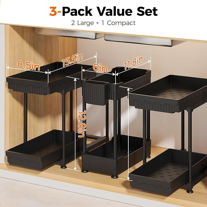3-Pack 2-Tier Under Sink Organizers with Sliding Drawers | Multi-use kitchen & bathroom storage, 12.8 inch 2-Tier Sliding cabinet organizer, space-saving sliding drawer design.