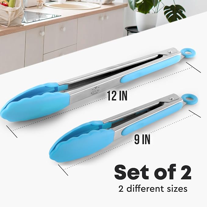 Zulay Stainless Steel Kitchen Tongs with Silicone Tips - Set of 2 (9” & 12”) Locking Cooking Tongs with Non-Slip Grip - Heat Resistant, BBQ Food Tongs for Non-Stick Cooking Pans (Silver/Light Blue)