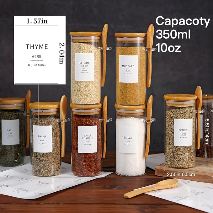 8 Pcs Glass Containers with Bamboo Lids and Spoons - 10 oz Sugar Container with 148 Kitchen Pantry Spice Jar Labels Preprinted - Glass Spice Jars with Wooden Lids Hold Coffee, Tea, Candy, Herbs