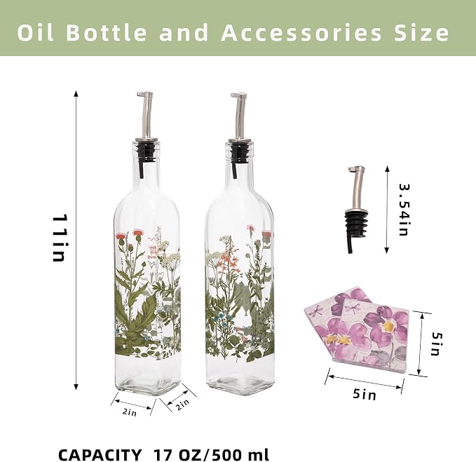 Topadorn Decorative Olive Oil Dispenser Set, 2 Pack 17oz Glass Oil & Vinegar Bottles with Pour Spouts, Kitchen Countertop Cruets for Cooking & Serving