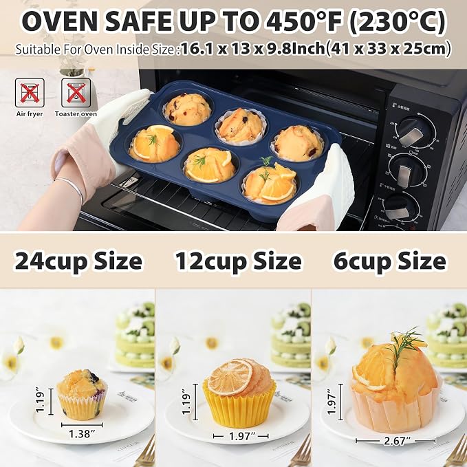 2 Pcs Jumbo Silicone Muffin Pan with Frame Nonstick Cupcake Tin Baking Mold | Silicone Cupcake Pan with Handles 6 Cup, BPA Free Silicon Muffin Tin Tray Extra Large for Baking Egg Bites Mold Vnray Grey