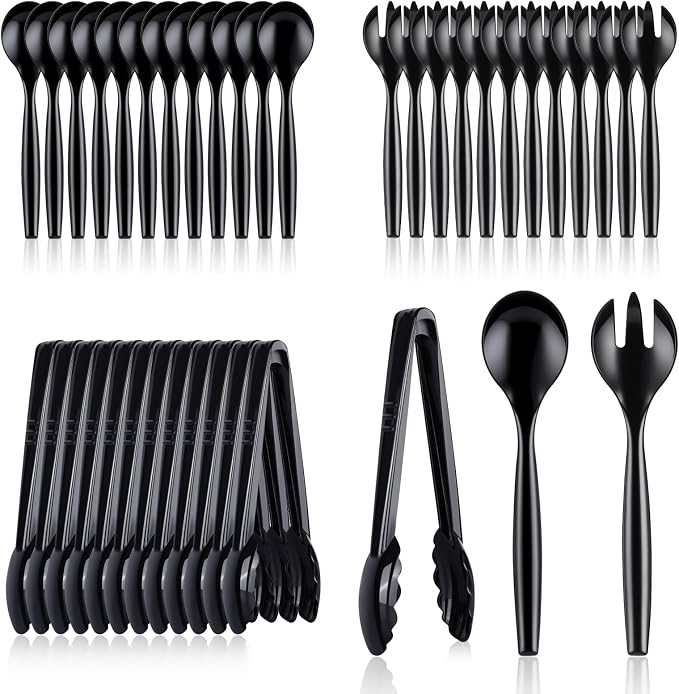 Mwellewm 36Pcs Plastic Serving Utensils Set Large Disposable Serving Spoons Forks Tongs for Serving Food Heavy Duty Black Large Party Utensils Supplies for Buffet Restaurant Dinner Salad Soup