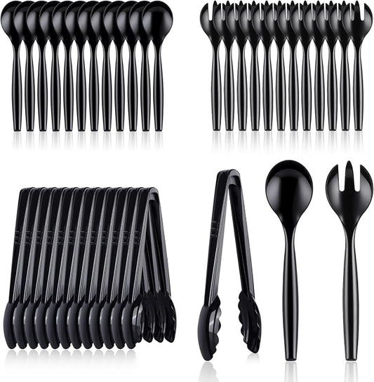 Mwellewm 36Pcs Plastic Serving Utensils Set Large Disposable Serving Spoons Forks Tongs for Serving Food Heavy Duty Black Large Party Utensils Supplies for Buffet Restaurant Dinner Salad Soup