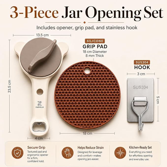 Jar Opener for Seniors with Arthritis & Weak Hands, 4-in-1 Adjustable Lid & Bottle Opener Set with Non-Slip Silicone Grip Pad & Stainless Steel Hook, Easy Twist Kitchen Gadget for Elderly (Beige)