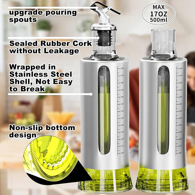 SINYWAY Oil Dispenser Bottle, 4 Pack Glass Olive Oil Dispenser Bottle with Shelf, 17oz/500 ml Oil and Vinegar Dispenser Set Wrapped in Stainless Steel Shell with Pourers, Funnel & Pen and Tags | 17oz/500 ml Oil and Vinegar Dispenser Set Wrapped in Stai...