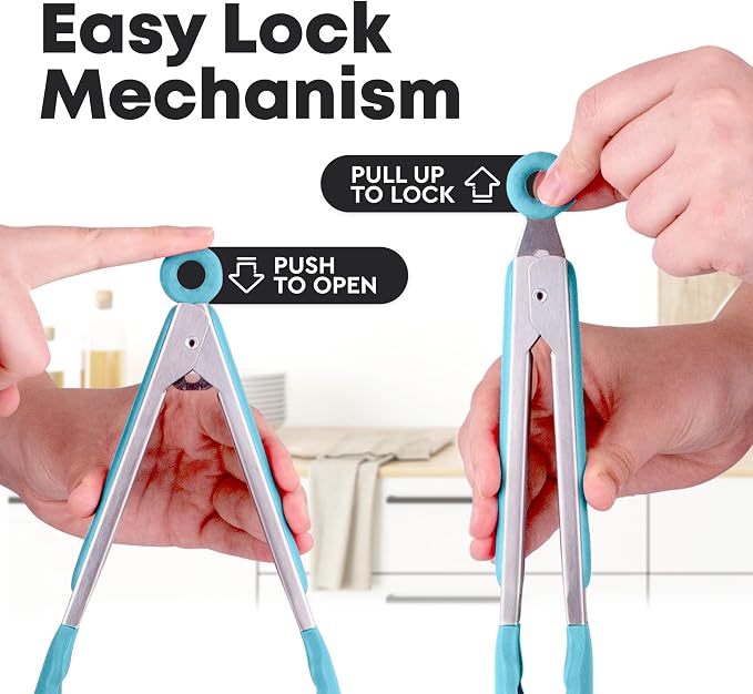 Zulay Stainless Steel Kitchen Tongs with Silicone Tips - Set of 2 (9” & 12”) Locking Cooking Tongs with Non-Slip Grip - Heat Resistant, BBQ Food Tongs for Non-Stick Cooking Pans (Silver/Light Blue)