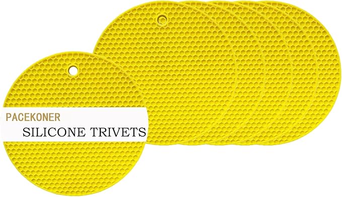 6-Pack Silicone Trivet Mats, Heat Resistant Hot Pads, Dishwasher Safe Kitchen Mats, BPA-Free Pot Holders for Table, Countertop, Stove, Honeycomb Design (Yellow, 7“ Round)