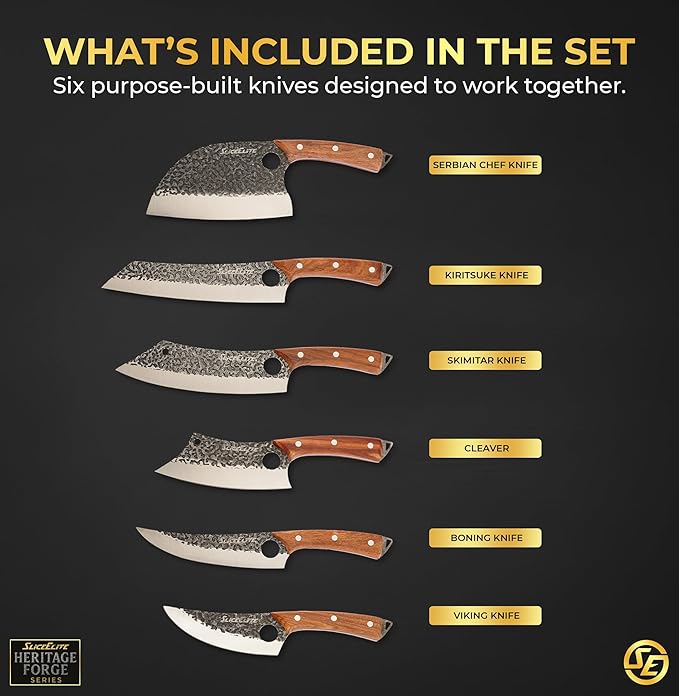 SliceElite Hand-Forged Professional Butcher Knife (6 PC SET WITH AFRICAN PEAR WOOD HANDLES)