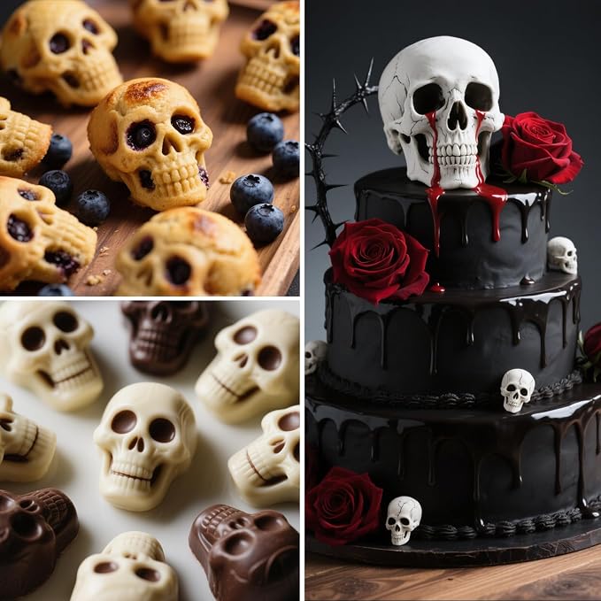 FUNBAKY Skull Baking Pan, Muffin Pan with Metal Reinforced Frame, Silicone Skull Cake Mold - Halloween Nonstick Large Molds for Baking with Handle (2 pack)