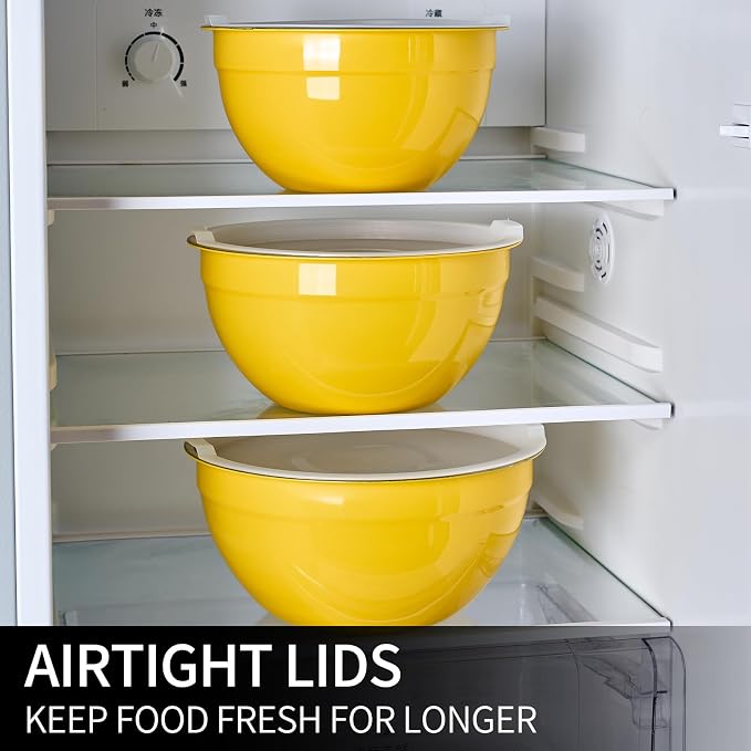 Yellow Mixing Bowls with Lids Set of 7, Stainless Steel Nesting Bowl with Khaki Lid for Non-slip Mixing Prepping Storing Serving, 7 Sizes-7/3.6/2.7/2.1/1.5/1/0.8 QT