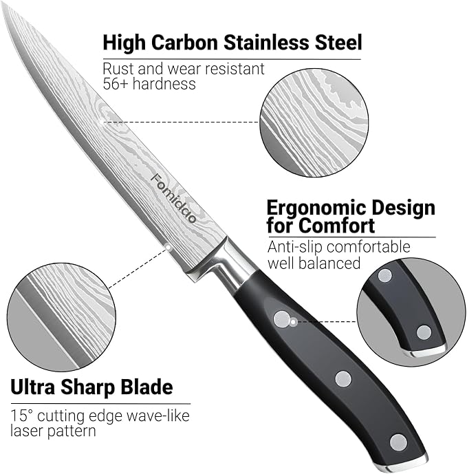 Razor Sharp 2PCS Small Kitchen Knife Set, 5 inch Utility Knife and 3.5 inch Paring Knife, High Carbon Steel Damascus Pattern Japanese Chef Knife with Full Tang Handle Design for Home Kitchen