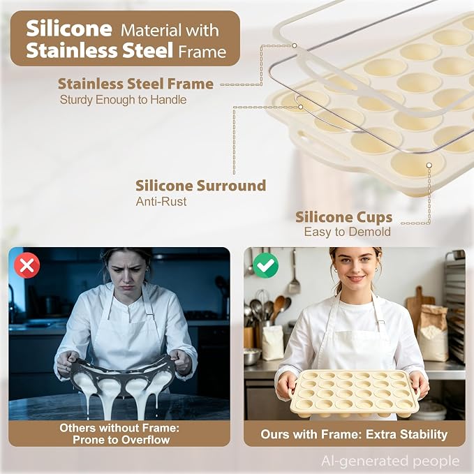 Beige Mini Silicone Muffin Molds: 2 Pack 24 Small Cupcake Mold for Baking | Silicone Mini Muffin Tray for Various Recipes - Molds with Metal Frame for Oven - for Baking Lovers Vnray