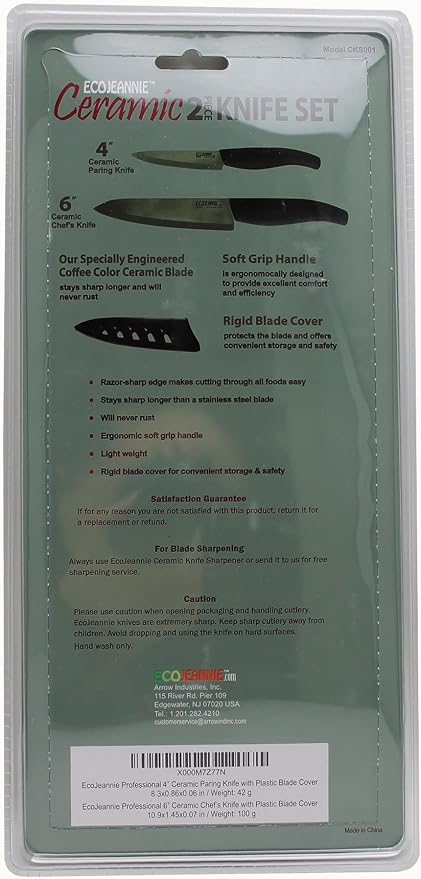 EcoJeannie CKS001 2-Piece Set: Premium Coffee Color Ceramic Knives - 6 Inch Chef's Knife & 4 Inch Paring Knife with Protective Covers