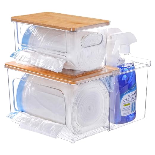 iCASA 3 in 1 Trash Bag Holder Garbage Bags Dispenser Under Sink Organizer | Stackable Trash Bag Organizer for 13/30/33 Gallon Bags, Clear Storage Bins for Kitchen, Cabinet, Laundry Room Organization