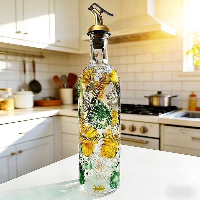 1 Pcs Olive Oil Dispenser Bottle for Kitchen,17oz Clear Glass Cooking Oil and Vinegar Dispenser Set, Coffee Syrup Dispenser with 1 Pourers and 1 Funnel (One colorful circle)
