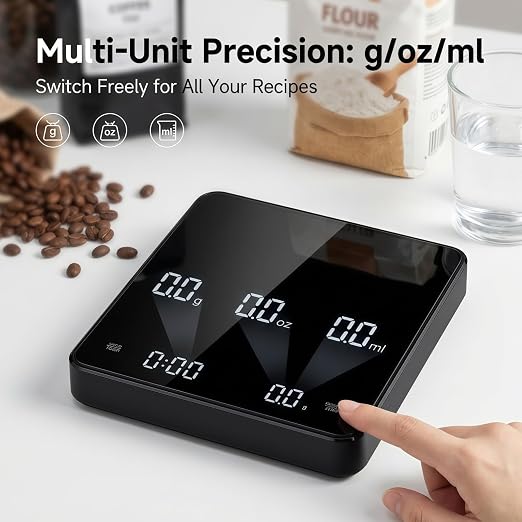 Partyreal Digital Kitchen Coffee Scale, Slim Scale with Tare, g/oz/ml Units, Backlit Display, USB-C Rechargeable (Cable Included) + AAA Backup Power Black