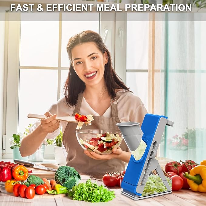 Eletronova Safe Mandoline Slicer for Kitchen, Vegetable Slicer with Container, French Fry Cutter, All in 1 Julienne Slicer for Potato, Thickness Adjustable, Detachable Blade (Dark blue)