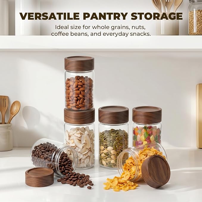 4 Pack 8 oz Glass Spice Jars with Wooden Lids, Tall Small Mason Jars with Airtight Acacia Wood Lid, Empty Clear Containers for Herb, Seasoning, Sprinkles & Pantry Organization