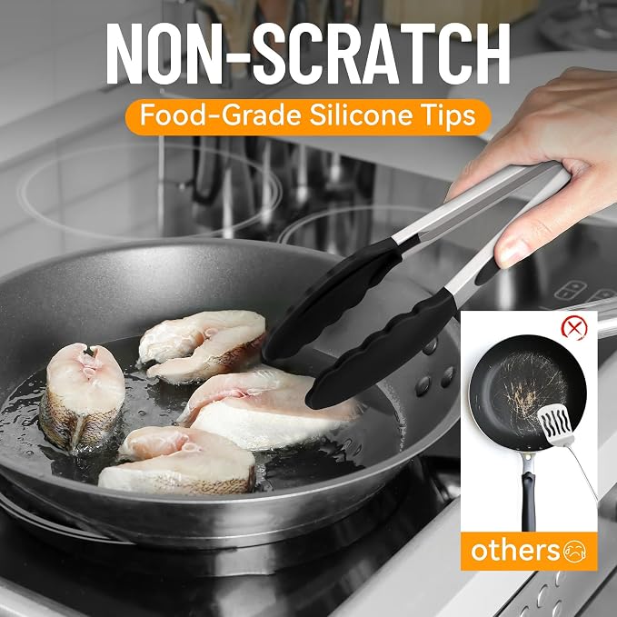 Hotec Silicone Kitchen Tongs for Cooking 9-Inch Serving Tongs with Silicone Tips, Set of 3 (Black)