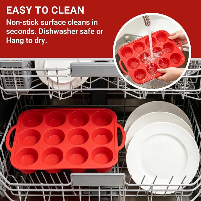 Redfly Silicone Muffin Pans for Baking 12 Cup with Metal Reinforced Frame, Nonstick 2Pack Regular Size Cupcake Pan, BPA Free Food Grade, Easy Release, Dishwasher Oven Freezer Safe for Egg Bite Molds