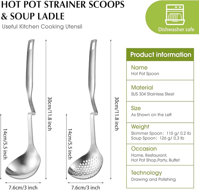 Patelai Hot Pot Slotted Ladle Set Stainless Steel Soup Ladle Strainer Scoops Cooking Skimmer Cookware Utensil for Hotpot Scooping Sauce Serving, 12 Inch(6 Pcs,Silver)