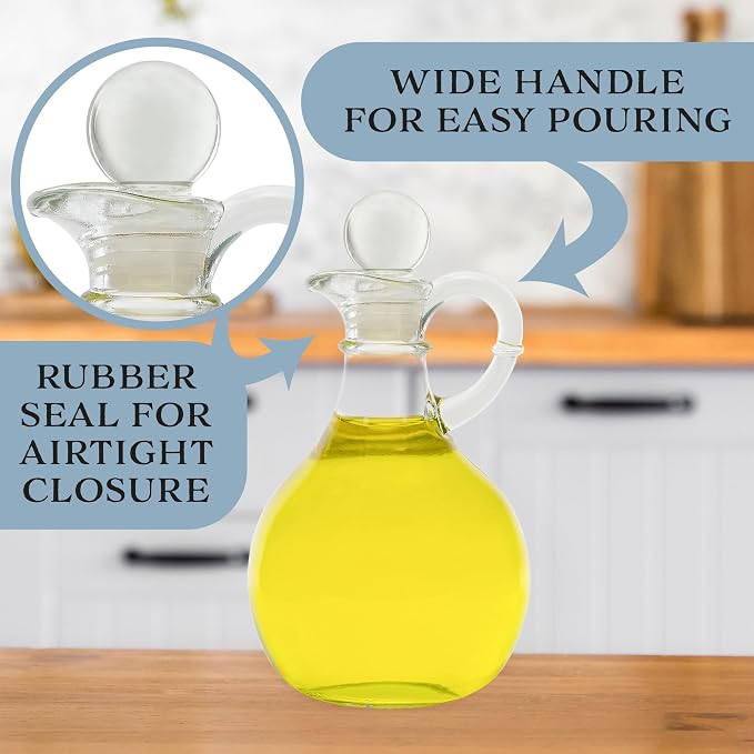 Cornucopia Brands Glass Oil and Vinegar Cruets (Set of 2); 8oz Round Oil Dispensers/Salad Dressing Bottles with Stoppers
