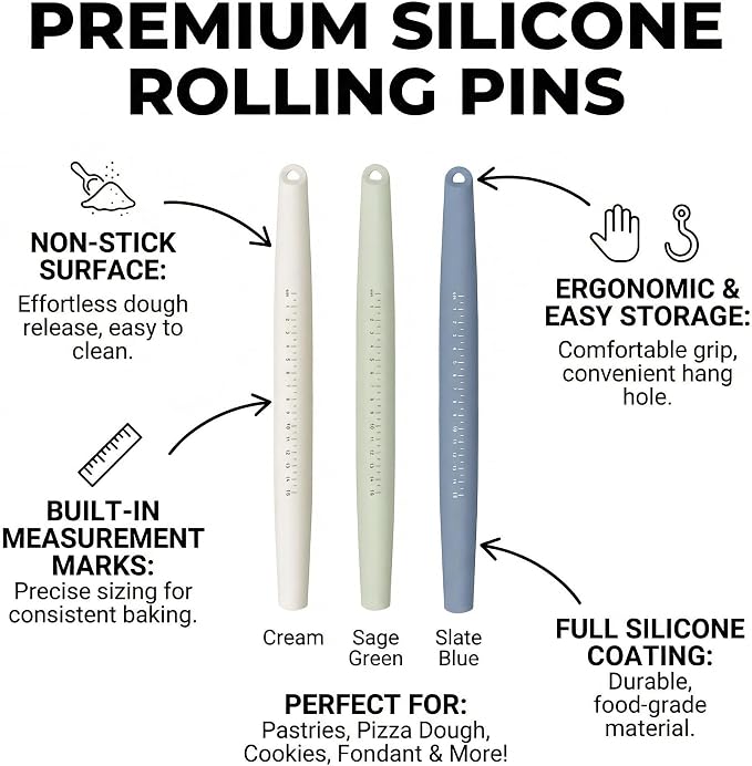 FOLAI 3-Piece Silicone Rolling Pin Set with Scale, 13.3 x 1.18 inch, Non-Stick Surface, Children's Rolling Pin, Children's Baking, for Cake Baking, Pizza, Fondant, Cookies
