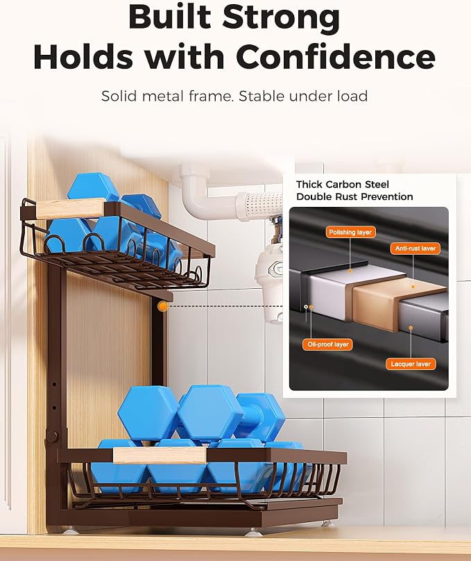 3-Pack 2-Tier Height Adjustable Under Sink Organizer, Brown | Multi-purpose metal storage shelf with sliding shelves for kitchen, bathroom, pantry & laundry cabinet