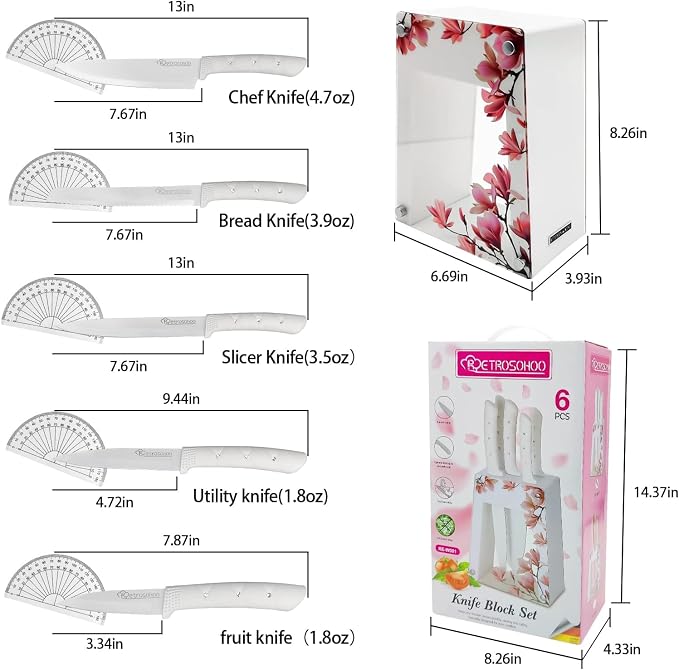 Kitchen Knife Set, White Flower 6PC Stainless Steel Sharp Chef Knife Set with Acrylic Stand, Cooking Non-slip Knife Set with Block, Non-stick Colorful Coating Gift for Women Girls (White)