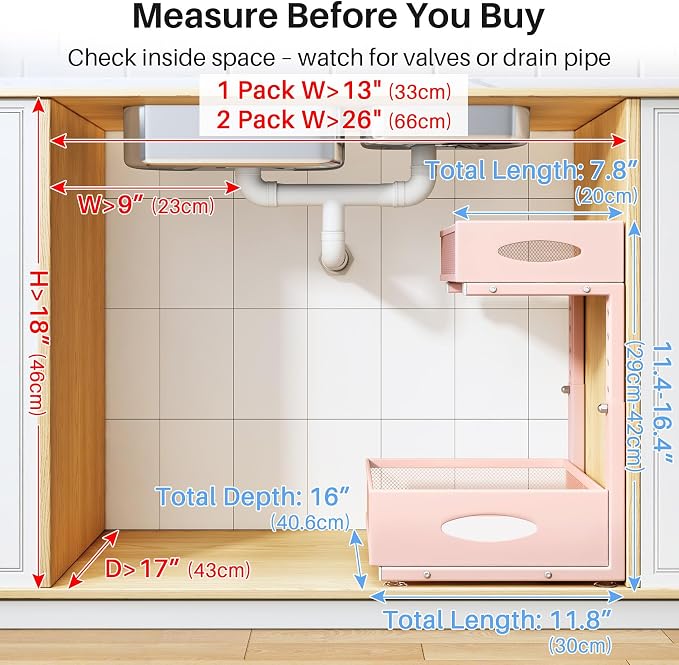 Under Sink Organizer, 2 Tier Pull Out Under Cabinet Organizer Shelf with Pad for Framed Cabinets, Metal Slide Out Under Sink Storage, Mesh Sliding Drawers for Kitchen Bathroom Laundry(Pink, 1 Pack)