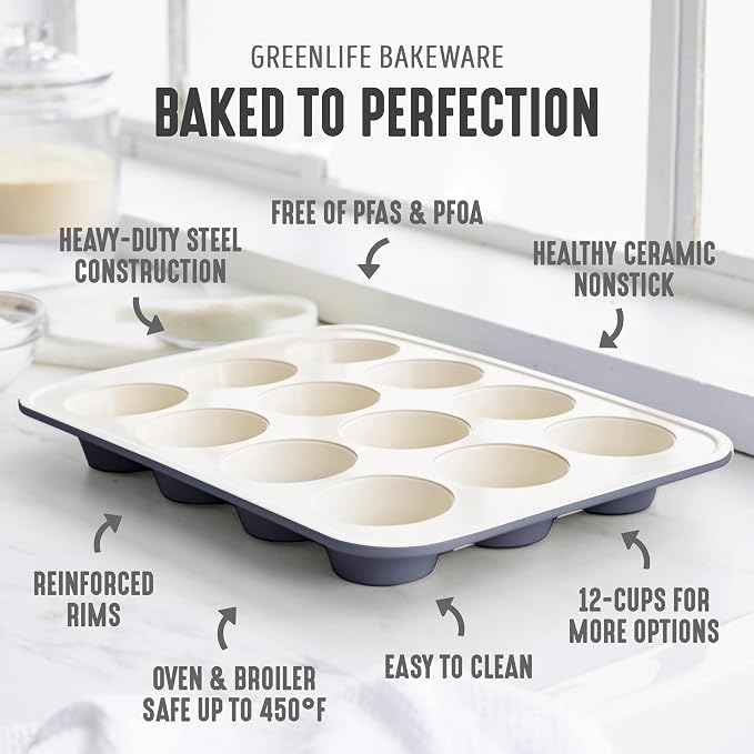 GreenLife 12 Cup Ceramic Nonstick Muffin Pan, Black | 11.4" x 1.9" x 15.9", PFAS-Free Nonstick, Cupcake Tin, Easy Release, Even Heating, Wipe Clean, Heavy Duty, Warp Resistant