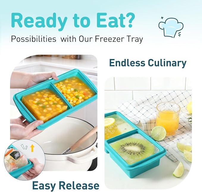 Silicone Freezer Tray with Lid Soup Freezer Container Molds with Steel Reinforced Rim Ice Cube Freezer Molds for Soup, Sauce, Leftovers, Homemade Meal Prep Containers Portion Control Food Storage