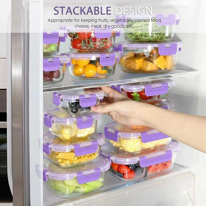 AMALEKO 42pcs Glass Food Storage Containers with Lids Set, 21 Containers & 21 Lids Glass Meal Prep Containers with Snap Locking Lid Set, Leak Proof Lunch Container BPA-Free,Purple