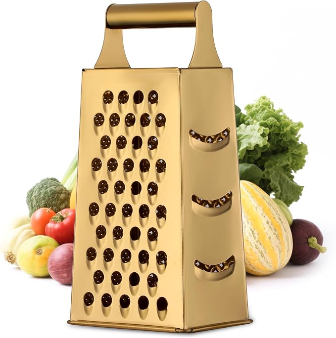 Handheld Cheese Grater Box for Kitchen, Stainless Steel 4 Sided Cheese Grater with Handle for Grinding Shredding & Slicing, Dishwasher Safe (Gold)