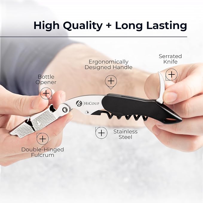 HiCoup Kitchenware Wine Opener - Professional Corkscrews for Wine Bottles w/Foil Cutter and Cap Remover - Manual Wine Key for Servers, Waiters, Bartenders and Home Use - Classic Black