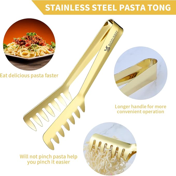 MSY BIGSUNNY 8 Inch Stainless Steel Pasta Tongs, Spaghetti Tongs with Teeth, Serving Tongs for Noodles, Spaghetti, Cooking (Set of 2, Shiny Gold)