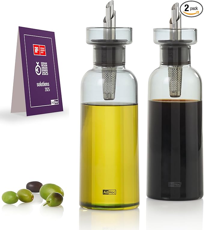 AdHoc AromaPour Grey Glass Oil and Vinegar Bottle Set, 2x 300ml Filtered Non-Drip Dispenser for Oil and Vinegar, Dishwasher Safe,