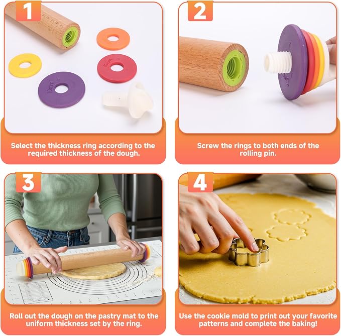 13.6" Adjustable Wooden Rolling Pin with 4 Thickness Rings & Cookie Molds | Olforce 2-10mm / 1/16"-3/8" Dough Thickness Control Roller for Pizza, Cookie, Bread & Pie Crusts