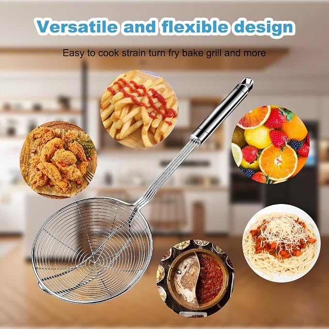 Steel Spider Strainer Skimmer Ladle, Strainer Spider Skimmers for Kitchen Cooking and Frying, Premium Strainer Spoon Diameter: 5.4Inch, Total Length: 15.4Inch