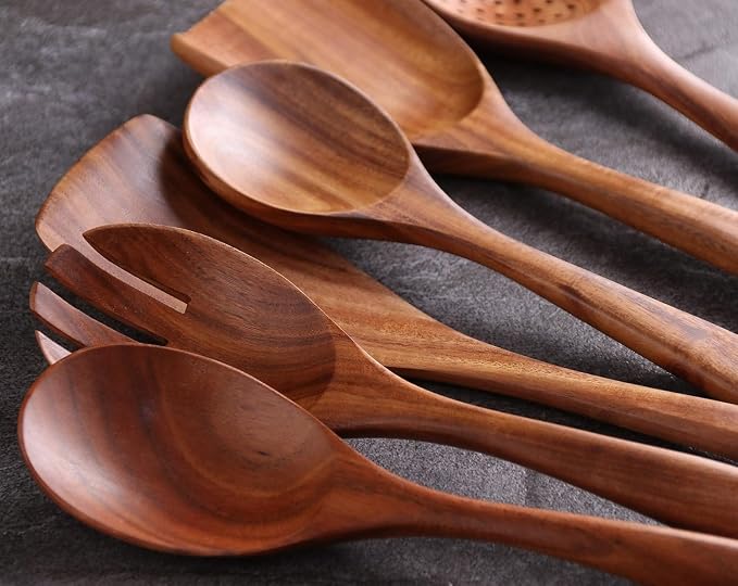 6-Piece Teak Wood Cooking Utensil Set, Wooden Spoons for Cooking | Durable, Non Toxic, Non-Stick, Smooth Finish, Easy to Clean, Comfort Grip, House Warming Gift