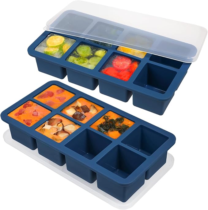 Webake 1/2 Cup Silicone Freezer Tray with Lids, 8-Grid Square Ice Cube Mold, Ideal for Prep & Portion, Large Ice Cube, Storage Soup, Snack, Broth, Leftovers, Pack of 2