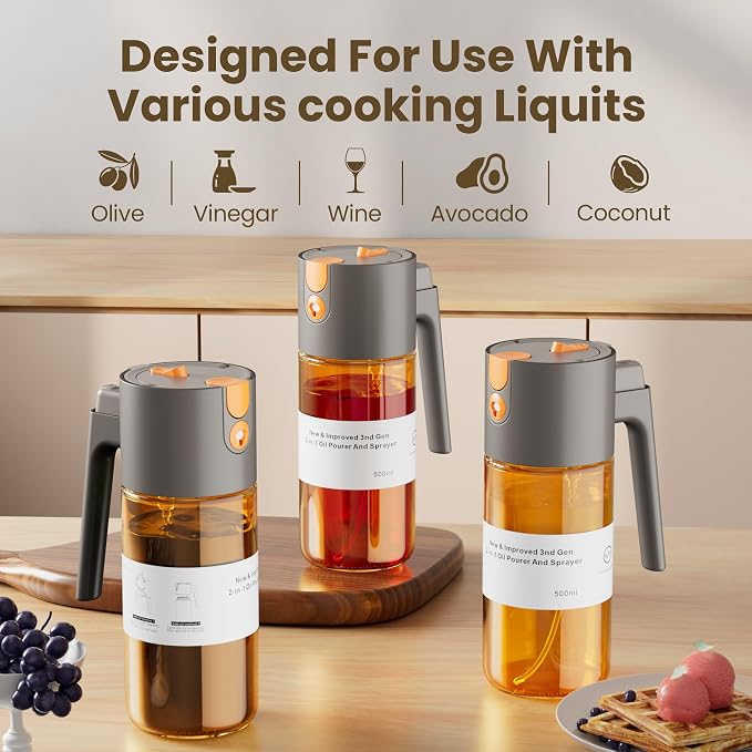 LAKUMIQI 2 in 1 Oil Sprayer for Cooking, 17oz | Light-Blocking Glass Spray Bottle with Stickers, Oil Dispenser for Salad, Air Fryer & BBQ