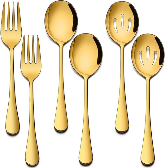 Homikit Stainless Steel Gold Serving Utensils Set of 6, 8.7 Inch Metal Serving Spoons Slotted Spoons Forks Hostess Set for Catering Buffet Party Banquet Restaurant, Mirror Polish, Dishwasher Safe